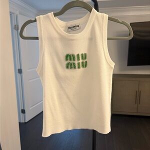 Miu White Tank with Green Beading